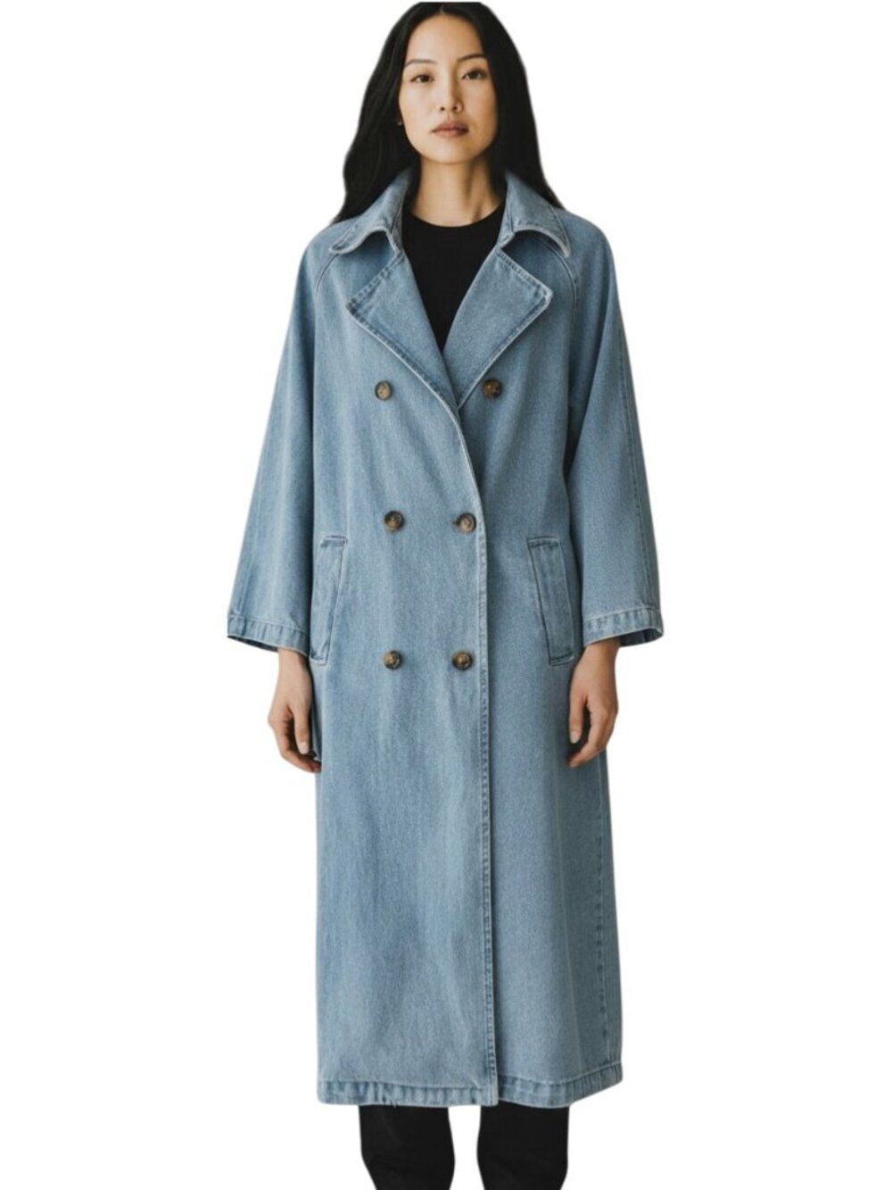 12th Tribe Denim Trench Coat Duster Double Breasted Oversized Light Blue Size S